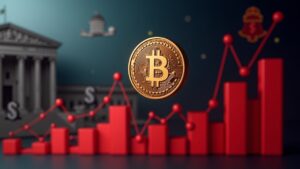 Logotipo fotorealista de Pi Coin cayendo sobre un gráfico de precios rojo con edificio judicial y iconos regulatorios con iluminación de sala de prensa.