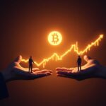 Logotipo de Pi Coin sobre un gráfico de precios, con siluetas de compradores minoristas en un lado y una mano institucional que indica tensión en el mercado.