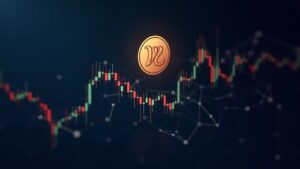 Logotipo de Pi Coin sobre un gráfico de precios con un pivote en 0.21 y una red de nodos descentralizados