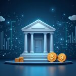 Panel bancario fotorrealista que muestra saldos de Bitcoin con una bóveda de fondo y señales institucionales de Coinbase.