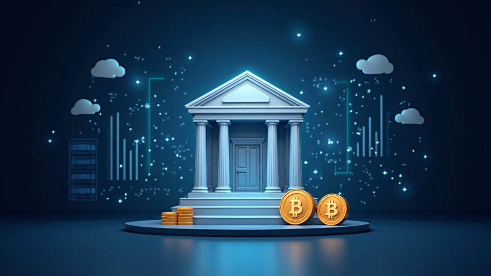 Panel bancario fotorrealista que muestra saldos de Bitcoin con una bóveda de fondo y señales institucionales de Coinbase.