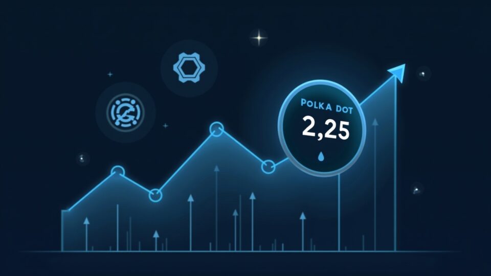 Gráfico de precios de Polkadot rompiendo por encima de $2.25 con iconos de relay-chain y parachain en una gráfica estilo sala de redacción.