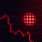 Logotipo fotorrealista de Polkadot DOT sobre un gráfico de mercado bajista con tonalidad roja, con medias móviles e íconos de gobernanza.