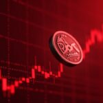 Token fotorrealista inspirado en Polkadot sobre un fondo de mercado rojo con una gráfica descendente e indicadores bajistas.