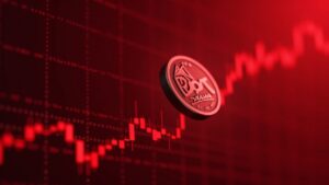 Token fotorrealista inspirado en Polkadot sobre un fondo de mercado rojo con una gráfica descendente e indicadores bajistas.