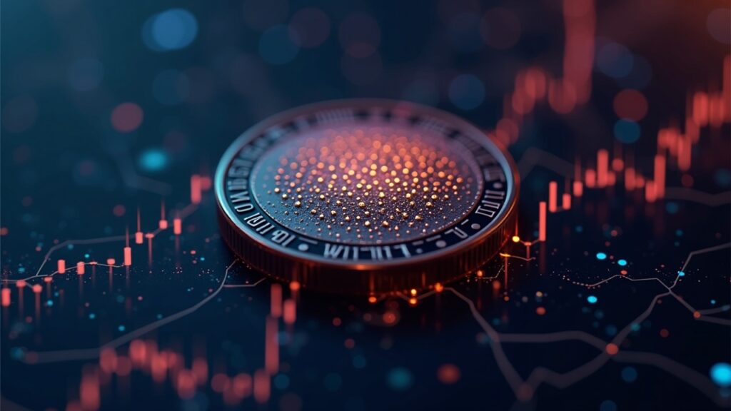 Primer plano de una moneda de Polkadot sobre una red de exchanges de criptomonedas con líneas de volumen luminosas que indican volatilidad