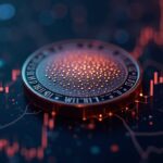Primer plano de una moneda de Polkadot sobre una red de exchanges de criptomonedas con líneas de volumen luminosas que indican volatilidad