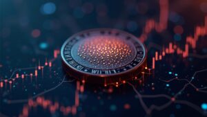 Primer plano de una moneda de Polkadot sobre una red de exchanges de criptomonedas con líneas de volumen luminosas que indican volatilidad