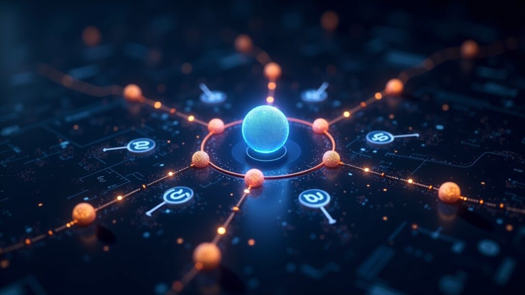 Escena fotorealista del hub de Polkadot con parachains brillantes y USDC fluyendo a través de XCM, branding de Coinbase en una escena de alta tecnología.