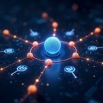 Escena fotorealista del hub de Polkadot con parachains brillantes y USDC fluyendo a través de XCM, branding de Coinbase en una escena de alta tecnología.