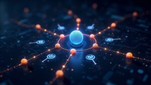 Escena fotorealista del hub de Polkadot con parachains brillantes y USDC fluyendo a través de XCM, branding de Coinbase en una escena de alta tecnología.
