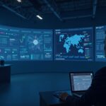 Operador concentrado en un estudio elegante con mercados holográficos de sí/no, iconos de eventos, circuitería AMM, brillo de Polygon y una insignia del 4%.