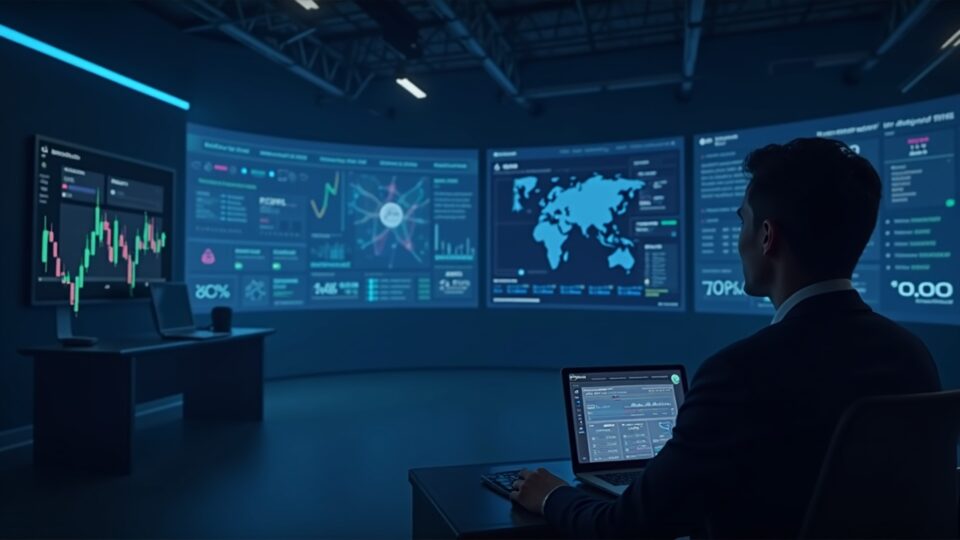 Operador concentrado en un estudio elegante con mercados holográficos de sí/no, iconos de eventos, circuitería AMM, brillo de Polygon y una insignia del 4%.