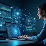 Redacción fotorrealista con un analista estudiando gráficos holográficos de XRP y Stellar, mostrando carriles transfronterizos e íconos regulatorios.