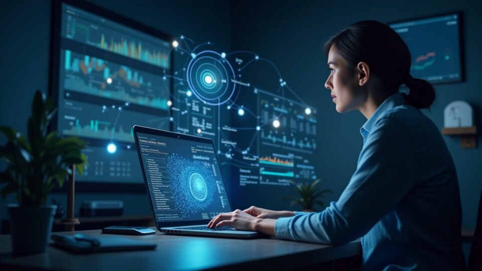 Redacción fotorrealista con un analista estudiando gráficos holográficos de XRP y Stellar, mostrando carriles transfronterizos e íconos regulatorios.