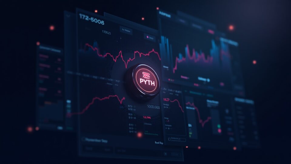 Encabezado fotorrealista con el icono de PYTH centrado sobre un tablero de tesorería del DAO, mostrando visuales de recompras y gráficas en tiempo real.