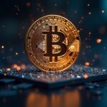 Símbolo de Bitcoin con una computadora cuántica elegante en una escena fotorrealista, con glifos post-cuánticos sutiles.