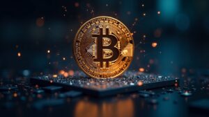 Símbolo de Bitcoin con una computadora cuántica elegante en una escena fotorrealista, con glifos post-cuánticos sutiles.