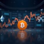 Escena periodística fotorrealista con el logo de Bitcoin sobre una gráfica ascendente de ETFs, flanqueada por Ethereum y XRP, con elegantes visuales de cadena de bloques.