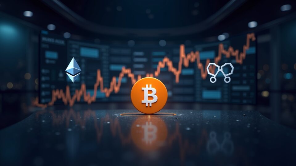 Escena periodística fotorrealista con el logo de Bitcoin sobre una gráfica ascendente de ETFs, flanqueada por Ethereum y XRP, con elegantes visuales de cadena de bloques.