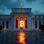 Edificio fotorrealista de la Fed detrás de un ticker de Bitcoin brillante en un rango frágil por debajo de 100K.