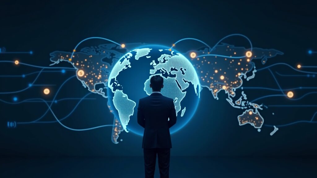 Encabezado fotorrealista que muestra a un ejecutivo con traje, un globo holográfico con nodos de blockchain y corrientes de USDC a través de un mapa mundial.