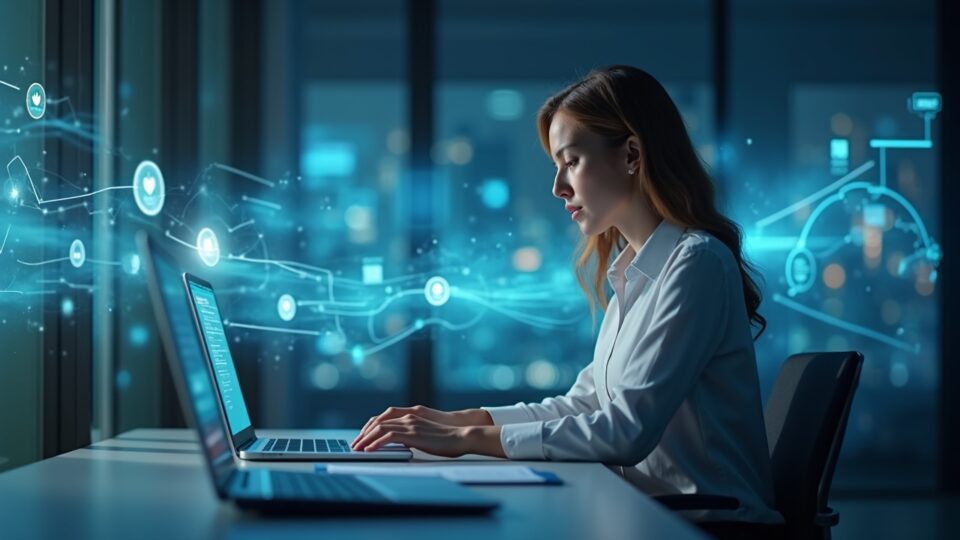 Banquero fotorrealista en un escritorio moderno con flujos holográficos de activos e íconos de rendimiento en la red permissionada Lynq