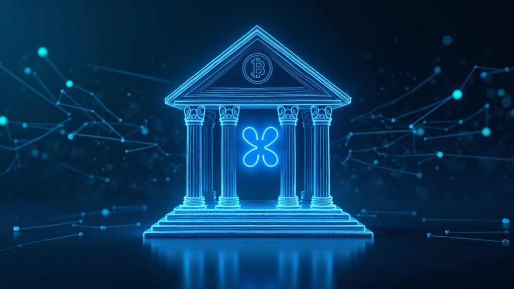 Fachada bancaria fotorrealista con el logo de Ripple; XRP como un puente entre redes de pago, elementos visuales de RLUSD en estilo tecnológico azul.