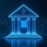 Fachada bancaria fotorrealista con el logo de Ripple; XRP como un puente entre redes de pago, elementos visuales de RLUSD en estilo tecnológico azul.