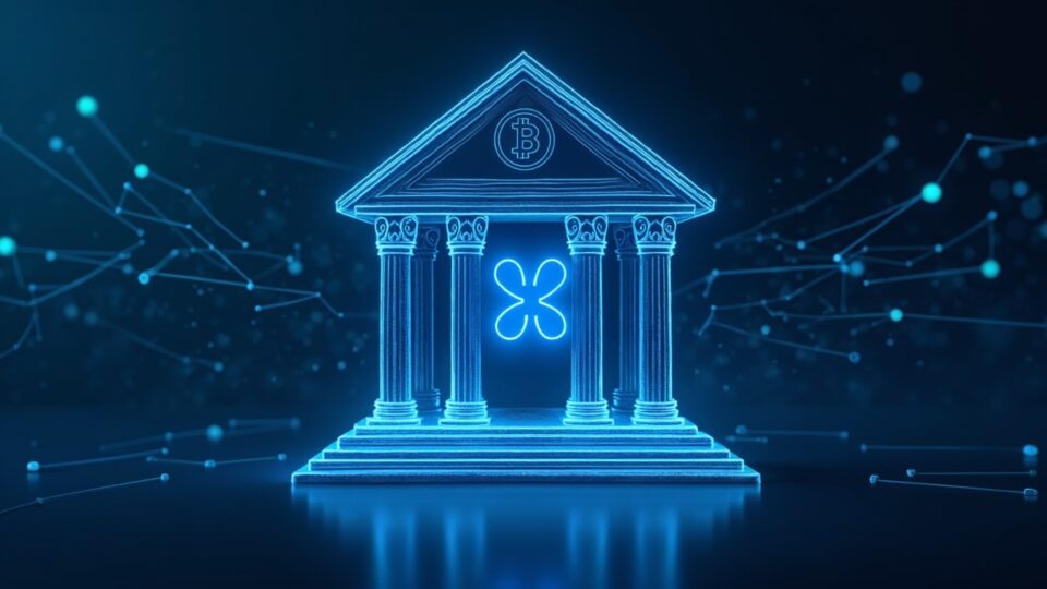 Fachada bancaria fotorrealista con el logo de Ripple; XRP como un puente entre redes de pago, elementos visuales de RLUSD en estilo tecnológico azul.