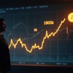 Silueta fotorrealista de un director ejecutivo junto a un gráfico ascendente de Bitcoin hasta 180k para 2026, con flechas divergentes de Binance y Solana.