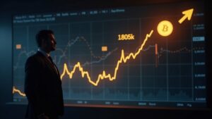 Silueta fotorrealista de un director ejecutivo junto a un gráfico ascendente de Bitcoin hasta 180k para 2026, con flechas divergentes de Binance y Solana.