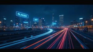 Centro de pagos Ripple fotorrealista en Singapur con interfaces RLUSD y XRP, telón de fondo de MAS