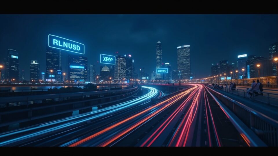 Centro de pagos Ripple fotorrealista en Singapur con interfaces RLUSD y XRP, telón de fondo de MAS