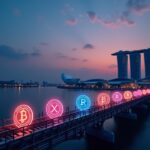Logotipo de Ripple sobre el horizonte de Singapur al atardecer con tokens XRP y RLUSD brillando en una vía de pagos transfronterizos digital