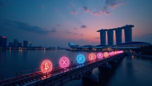 Logotipo de Ripple sobre el horizonte de Singapur al atardecer con tokens XRP y RLUSD brillando en una vía de pagos transfronterizos digital