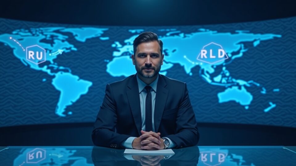 Retrato realista de un ejecutivo fintech confiado en un escritorio de redacción, hologramas de RLUSD y visuales multicadena en azul.