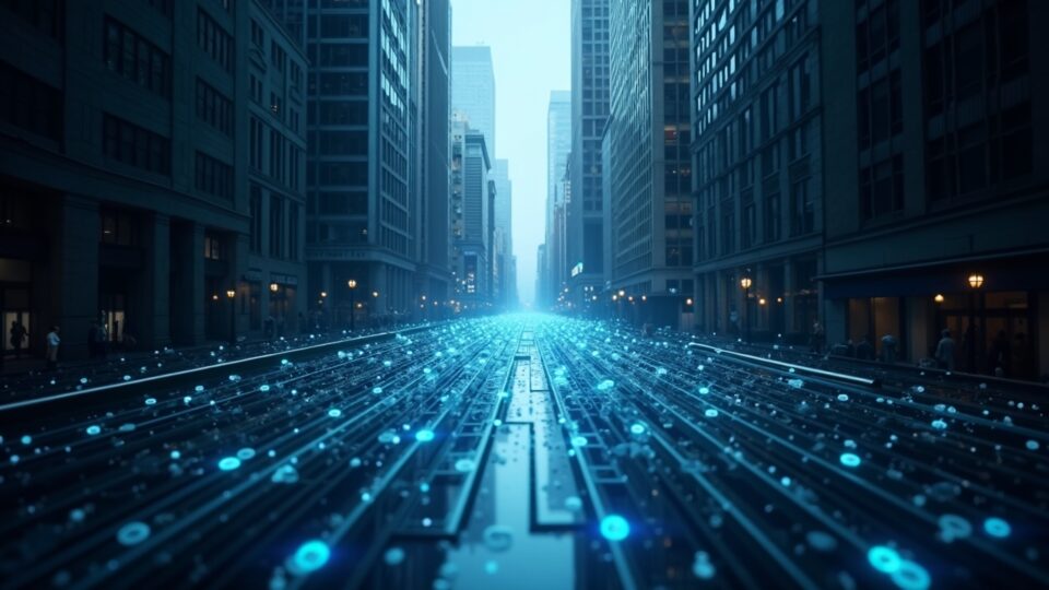 Puente de vidrio fotorrealista entre las torres de Wall Street y una red en cadena luminosa, simbolizando mercados tokenizados institucionales.