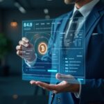 Corredor bancario en una oficina moderna negocia BTC y ETH en un libro holográfico, representando operaciones 'riskless principal'.