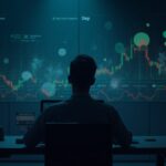 Encabezado fotorrealista: operador en un escritorio elegante mientras Robinhood se desvanece, las acciones se desploman y las criptomonedas se disparan.