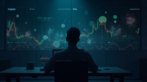 Encabezado fotorrealista: operador en un escritorio elegante mientras Robinhood se desvanece, las acciones se desploman y las criptomonedas se disparan.