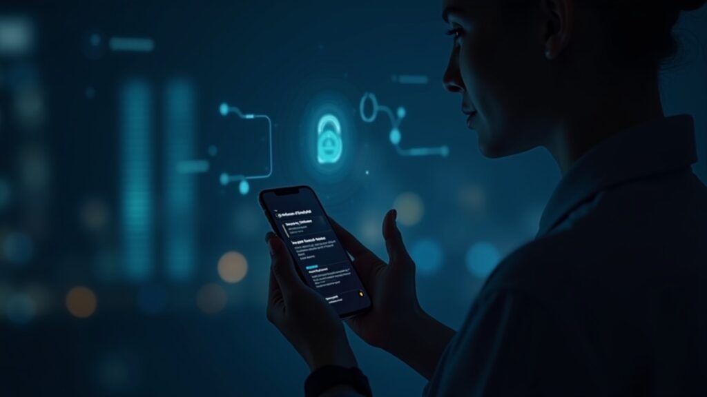 Persona usando un dispositivo portátil de salud con un escudo de datos resplandeciente en el dispositivo; sutiles visuales de blockchain en una sala de redacción de alta tecnología.