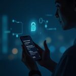 Persona usando un dispositivo portátil de salud con un escudo de datos resplandeciente en el dispositivo; sutiles visuales de blockchain en una sala de redacción de alta tecnología.