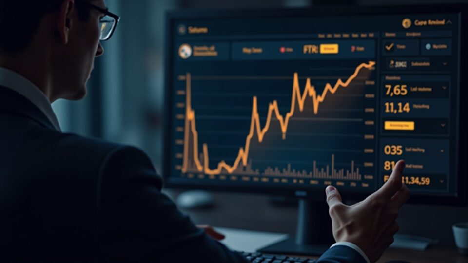 Un ejecutivo empresarial revisa un panel iluminado del saldo de Bitcoin con un gráfico en tendencia a la baja, ilustrando la venta de 579 BTC por parte de Satsuma.