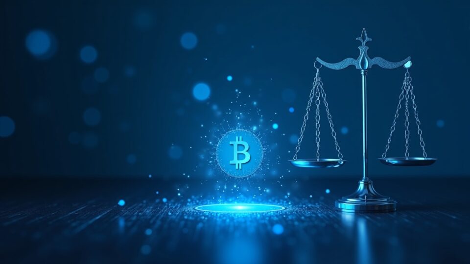 Instalación de minería de Bitcoin iluminada en azul junto a las balanzas de la justicia y un libro mayor digital resplandeciente, simbolizando el escrutinio regulatorio.