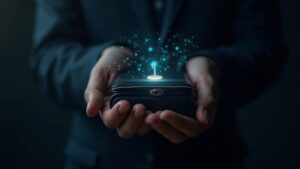 Corredor fotorrealista con una billetera de hardware segura y claves privadas, brillo de blockchain que simboliza la custodia cripto y el escrutinio de los ATS
