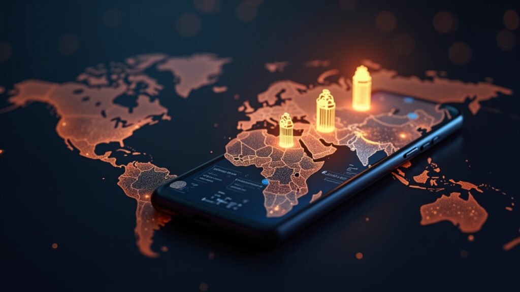 Teléfono Xiaomi en primer plano que muestra la cartera de Sei con un mapa global brillante de tiendas minoristas y monedas estables, señalando acceso instantáneo a criptomonedas.