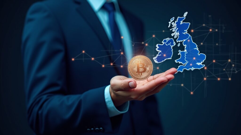 Ejecutivo fintech presenta una stablecoin luminosa con mapa del Reino Unido, insignia de la FCA y cuadrícula blockchain neón.