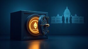 Encabezado fotorrealista: bóveda bancaria, token SoFiUSD de Ethereum brillante, insignia de la Fed y siluetas de bancos.