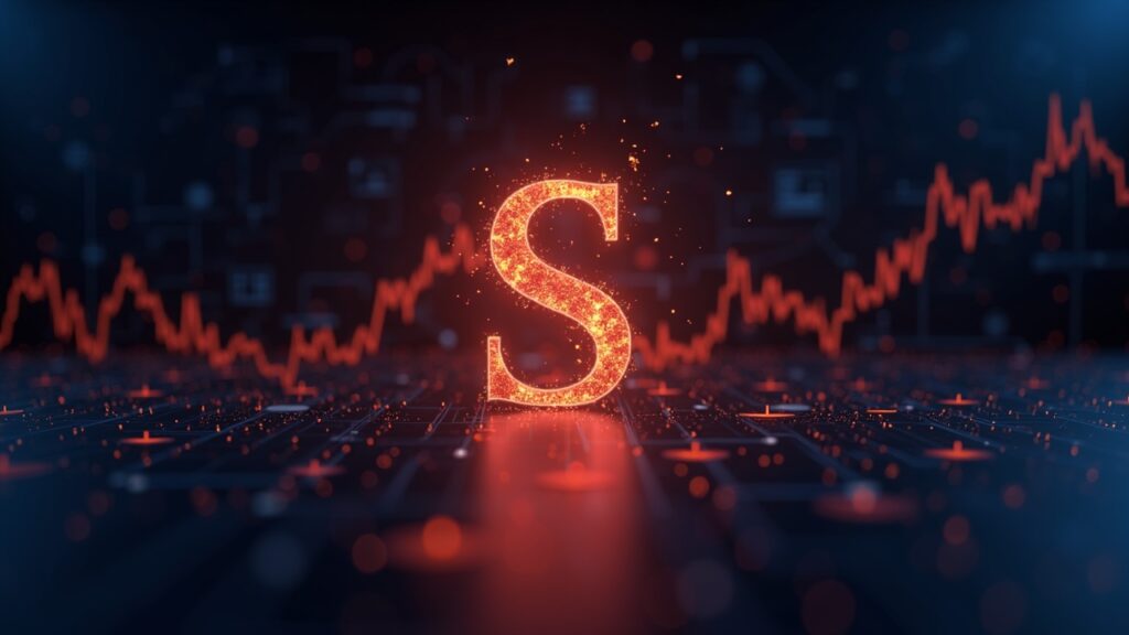 Encabezado fotorrealista de sala de prensa: logo de Solana en el centro, resplandor de Firedancer, rezago del precio frente a las altcoins y líneas de demanda institucional.